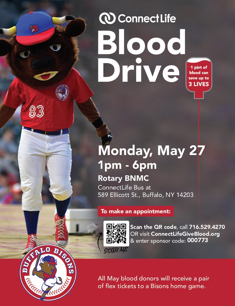 Join us for the Rotary at the BNMC ConnectLife Blood Drive on Monday, May 27th from 1 PM to 6 PM. 🚌💉 Let's give back together on the ConnectLife Bus located at 589 Ellicott St. Your donation can make a difference! Register today to donate and make a meaningful impact: