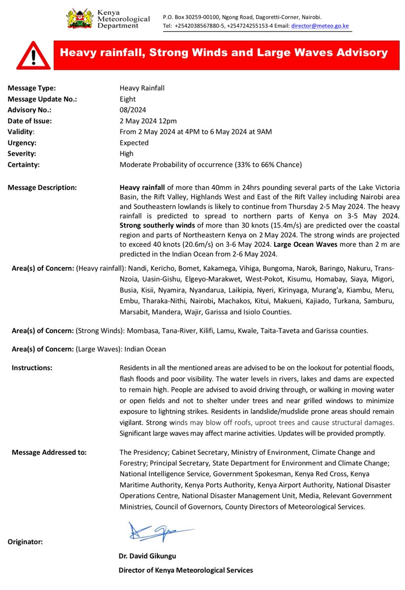 🌧️ Heavy rainfall, strong winds, and large waves advisory in effect. Stay vigilant and heed weather alerts for your area. For updates, follow our WhatsApp channel: [whatsapp.com/channel/0029Va…] & visit our website meteo.go.ke. Safety first! #WeatherAdvisory #StaySafe 🌊💨
