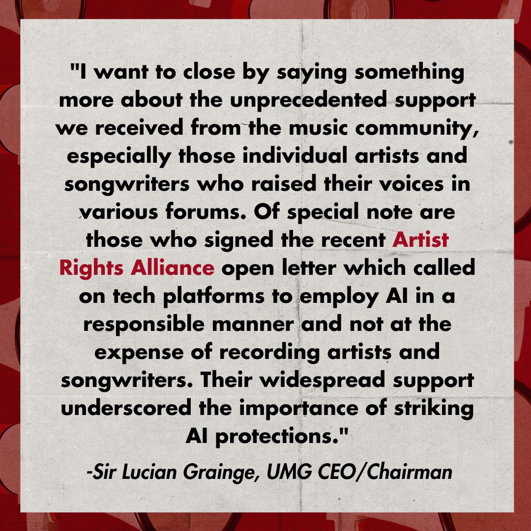 Artist Rights Alliance (@artistrightsnow) on Twitter photo Universal Music Group and TikTok have officially reached a new licensing agreement, prioritizing artist and songwriter compensation and safeguards for AI. <a href="/UMG/">Universal Music Group</a> CEO Lucian Grainge prominently credits ARA’s impactful letter for its pivotal role in steering the label’s discussions Universal Music Group and TikTok have officially reached a new licensing agreement, prioritizing artist and songwriter compensation and safeguards for AI. <a href="/UMG/">Universal Music Group</a> CEO Lucian Grainge prominently credits ARA’s impactful letter for its pivotal role in steering the label’s discussions