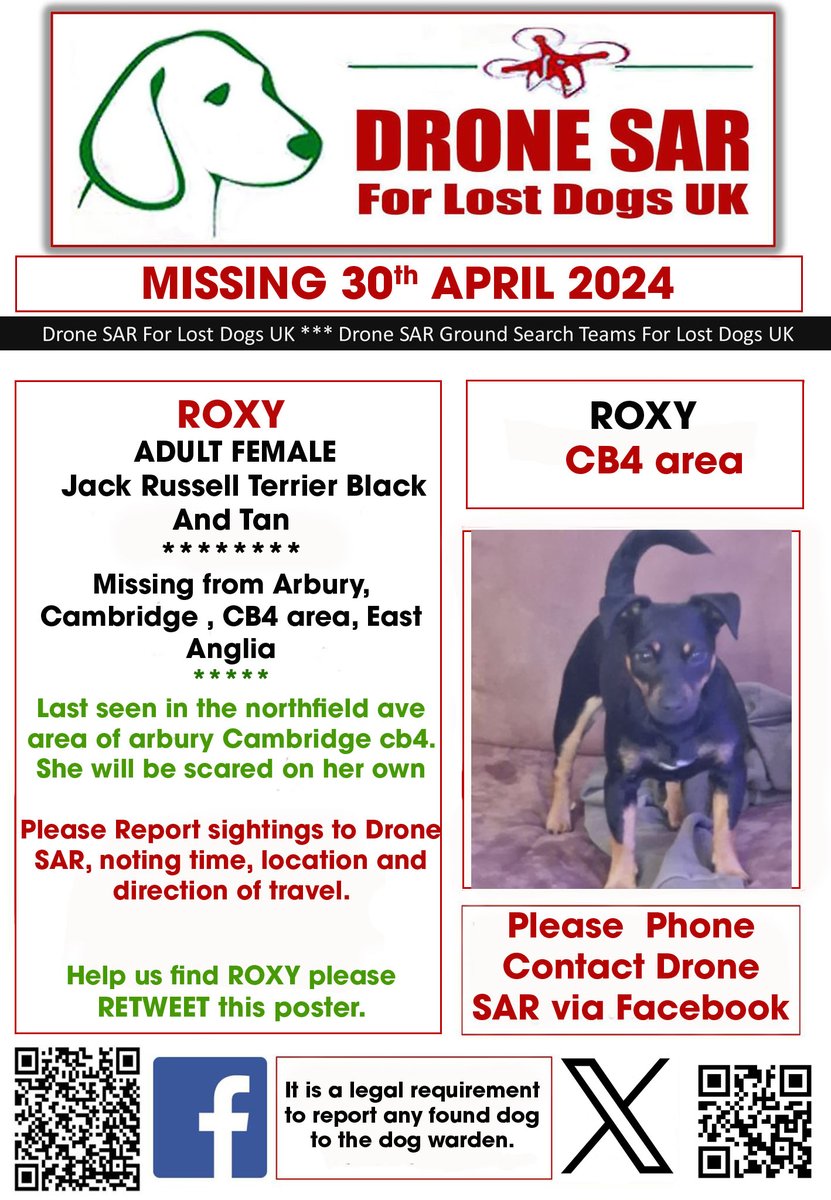 #LostDog #Alert ROXY
Female Jack Russell Terrier Black And Tan
Missing from Arbury, Cambridge , CB4 area, East Anglia on Tuesday, 30th April 2024 #DroneSAR #MissingDog