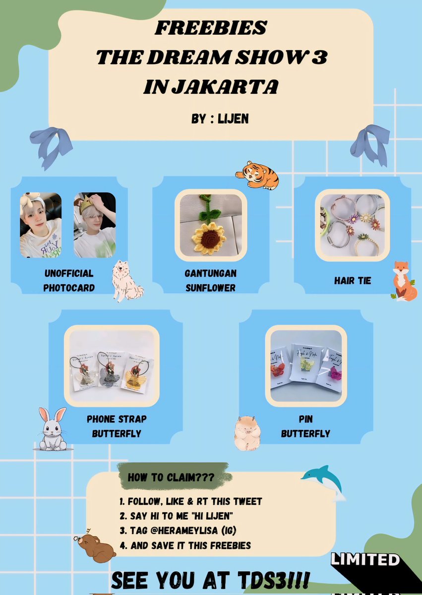 *FREEBIES THE DREAM SHOW 3 IN JAKARTA*

🗓️ 18 MEI 2024
🕐 TBA
📍GBK (GELORA BUNG KARNO)

*LIMITED

the rules in the pict
Find me and say hi to me 'HI LIJEN'

See you🫶🏻💚💙
#TDS3INJAKARTA