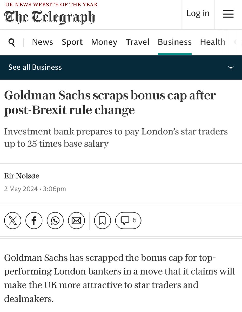 Before Brexit, banks could only offer staff bonuses of up to double their salary. But in a very rare example of a Brexit benefit, albeit for a teeny tiny elite, they can now pay whatever they like. So at Goldman Sachs for instance, they're paying bonuses of up to 25x salary.