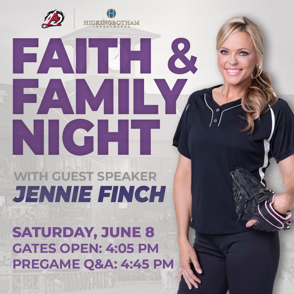 THIS JUST IN: Olympic medalist, 3x World Softball Champion, and all-around superstar Jennie Finch will be joining us at Dickey-Stephens Park for Faith and Family Night (presented by Hickingbotham Investments)! 🥎 For more information, visit travs.com/faith.