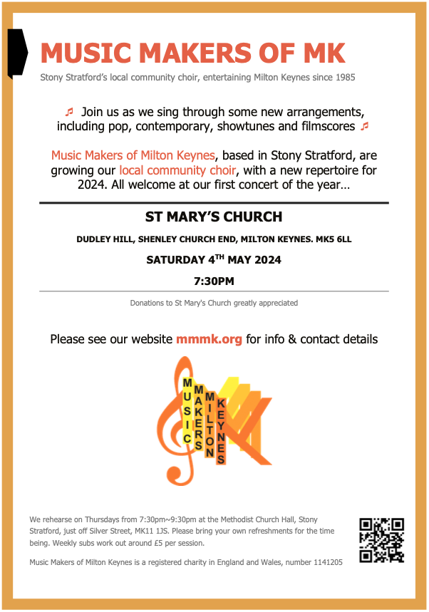 Looking for something to do this mixed Bank Holiday weekend? Join us for our first concert of the season at St. Mary's Church, Shenley, Sat 7:30pm. Suggested donation of £5 on entry - see more at mmmk.org