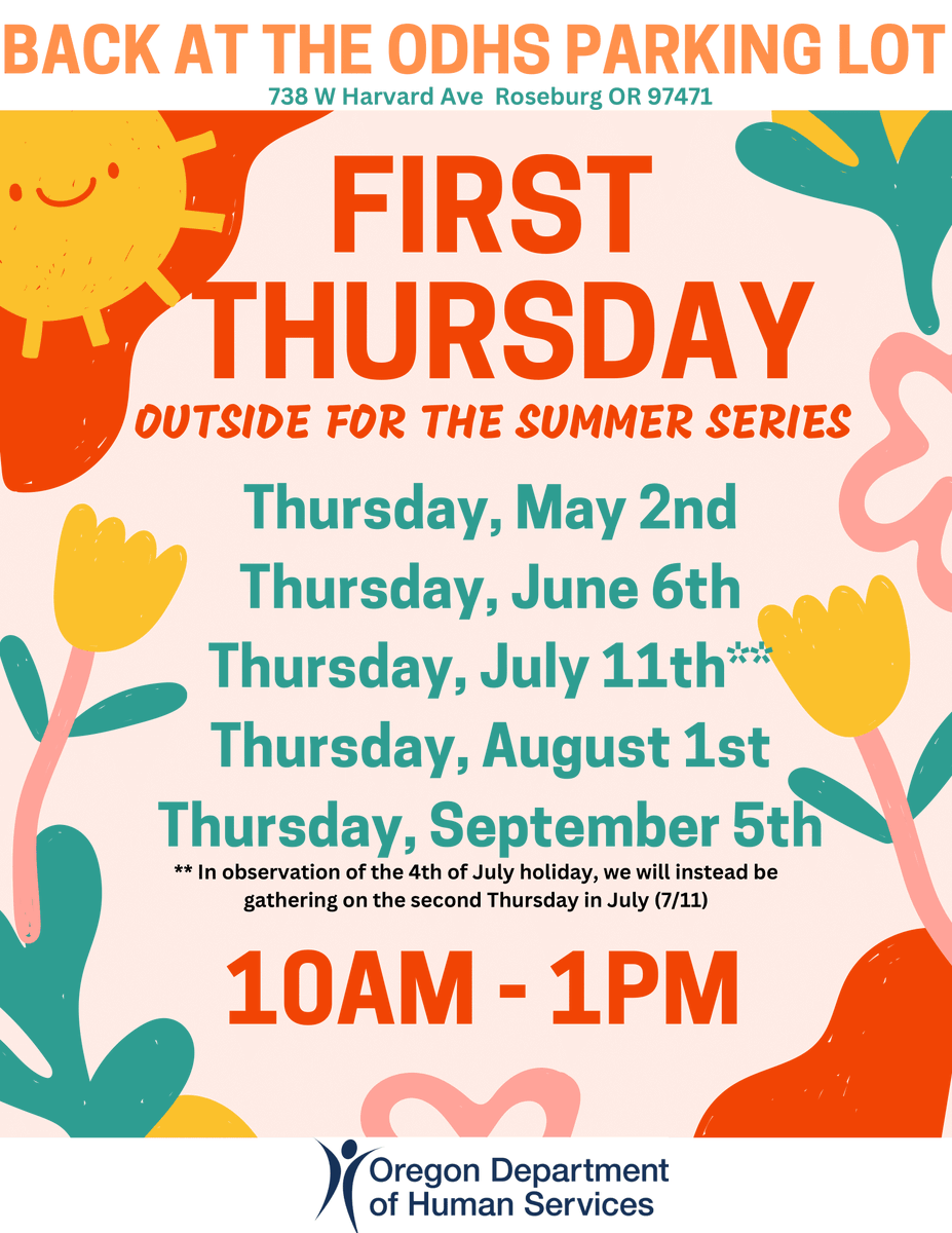 @ORHumanServices hosts First Thursday, a free monthly community event with organizations providing resources like food, showers, clothing, and meals. Enjoy live music, giveaways, family activities, and games. Check out our booth and meet our CHWs.
#DouglasCountyOR