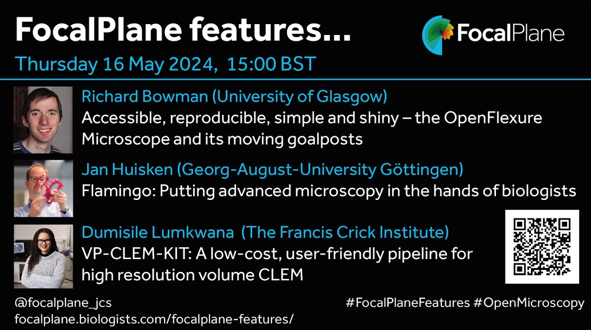 Registration is now open for our #FocalPlanefeatures webinar on open microscopy and accessible workflow on 16 May, 15:00 BST. We are delighted to have talks from Richard Bowman @mindnumbed, Jan Huisken @spim and Dumi Lumkwana @DLumkwana. focalplane.biologists.com/2024/05/02/foc…
