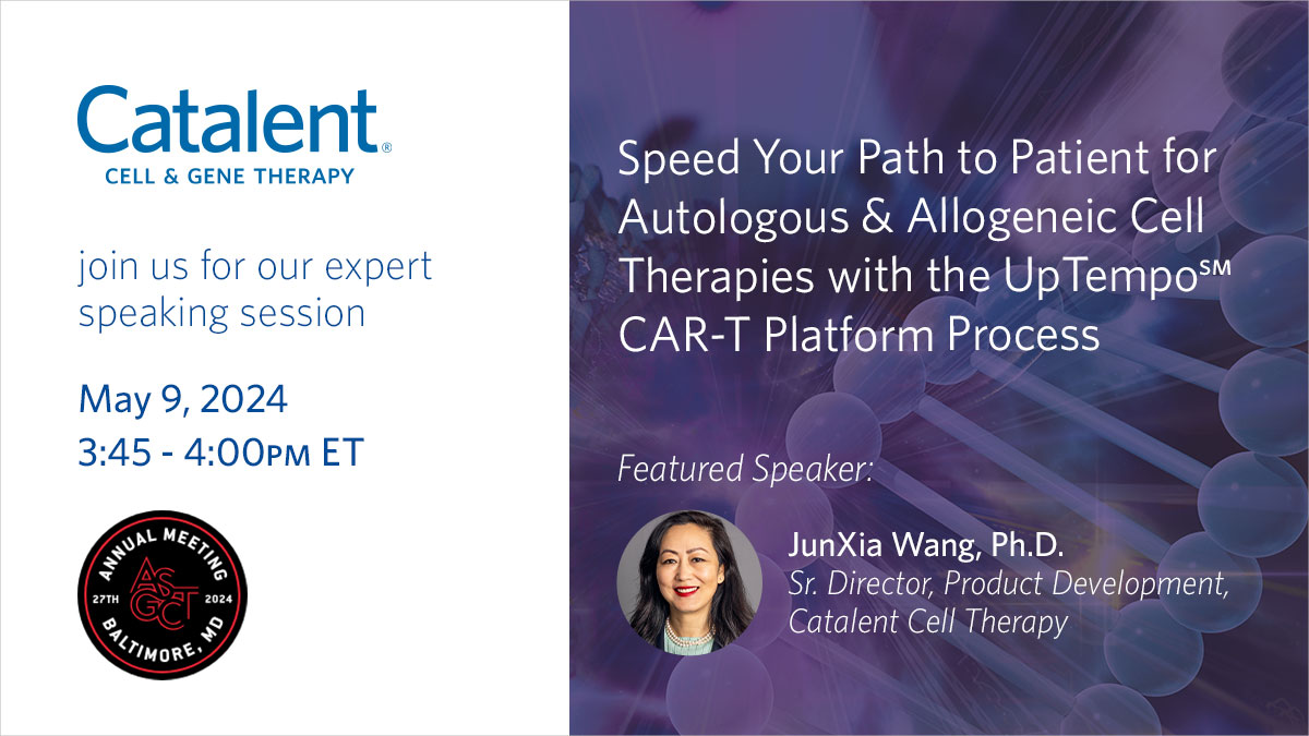 JunXia Wang will present at #ASGCT2024 on Catalent's new UpTempo℠ CAR-T Platform Process. This fully closed and GMP-compliant platform for the manufacturing of CAR-T cell therapies is a modular, plug-and-play model. Learn more here: ow.ly/hoSb50RuGQw