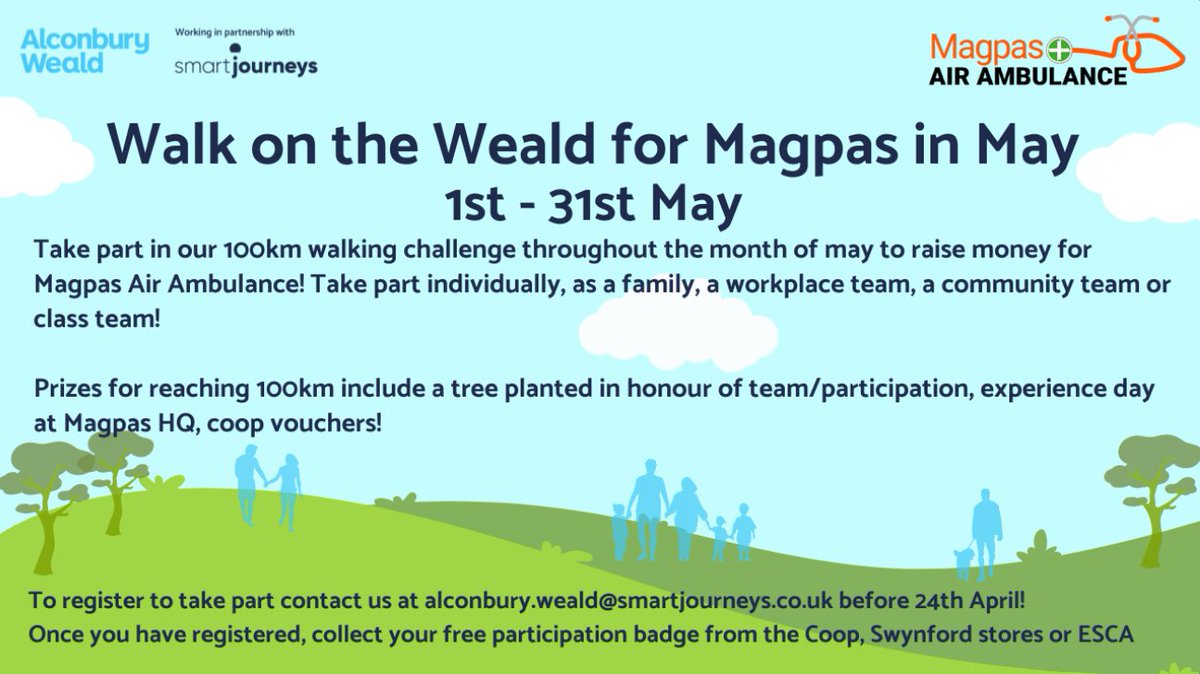 🚶Join the walk on the Weal for @Magpas_Charity Air Ambulance in May. Take part in our 100km walking challenge and raise money at the same time. To register, email us at alconbury.weald@smartjourneys.co.uk🚶 #Walking #FundRaising