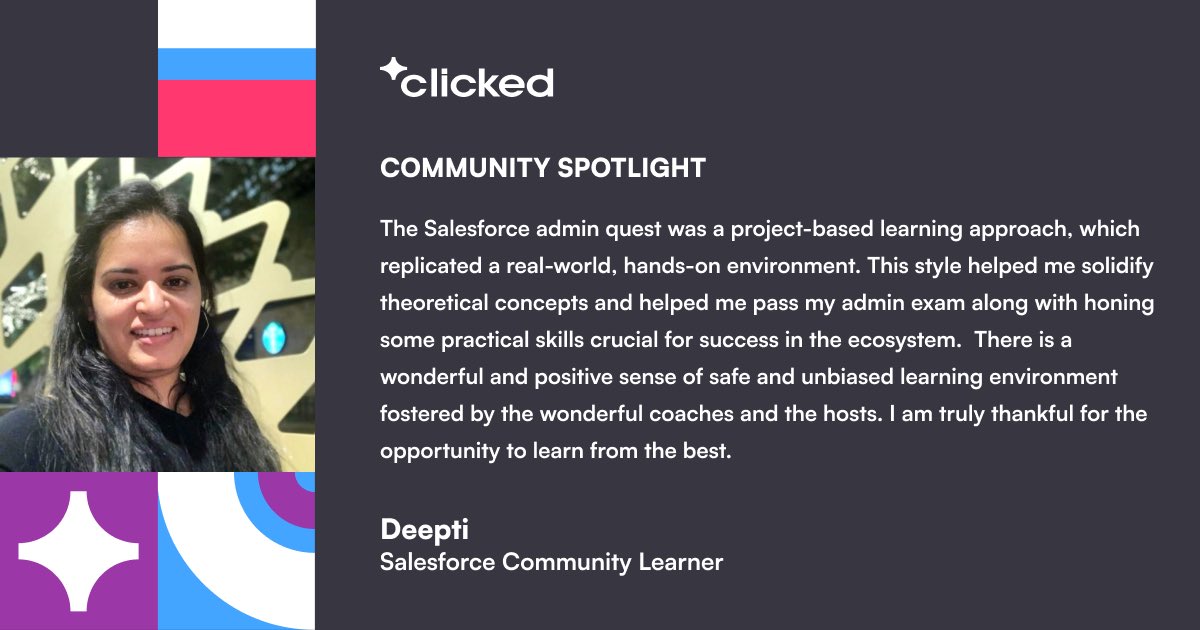 While starting new in her Salesforce journey, Deepti soon found her path with Clicked's unwavering support, turning early doubts into significant learning victories. Let's celebrate her progress! 🥳 ￼ #SalesforceLearning #Salesforce #ClickedCommunity