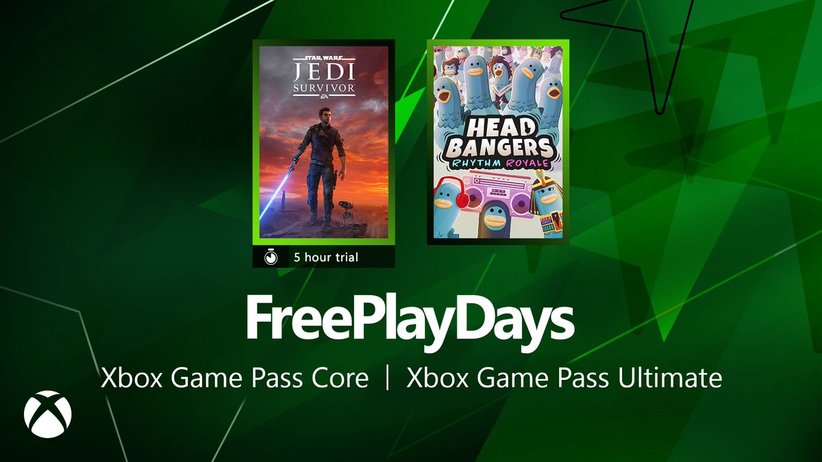 This week's #FreePlayDays Games

STAR WARS Jedi: Survivor*:
xbox.com/en-US/games/st…

Headbangers: Rhythm Royale:
xbox.com/en-us/games/st…

*5 hour gameplay trial for all Xbox members no subscription required