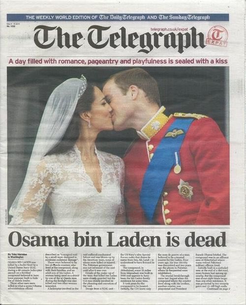 13 years ago — 
“A day filled with romance, pageantry and playfulness is sealed with a kiss …. Osama Bin Laden is dead”😂😂😂