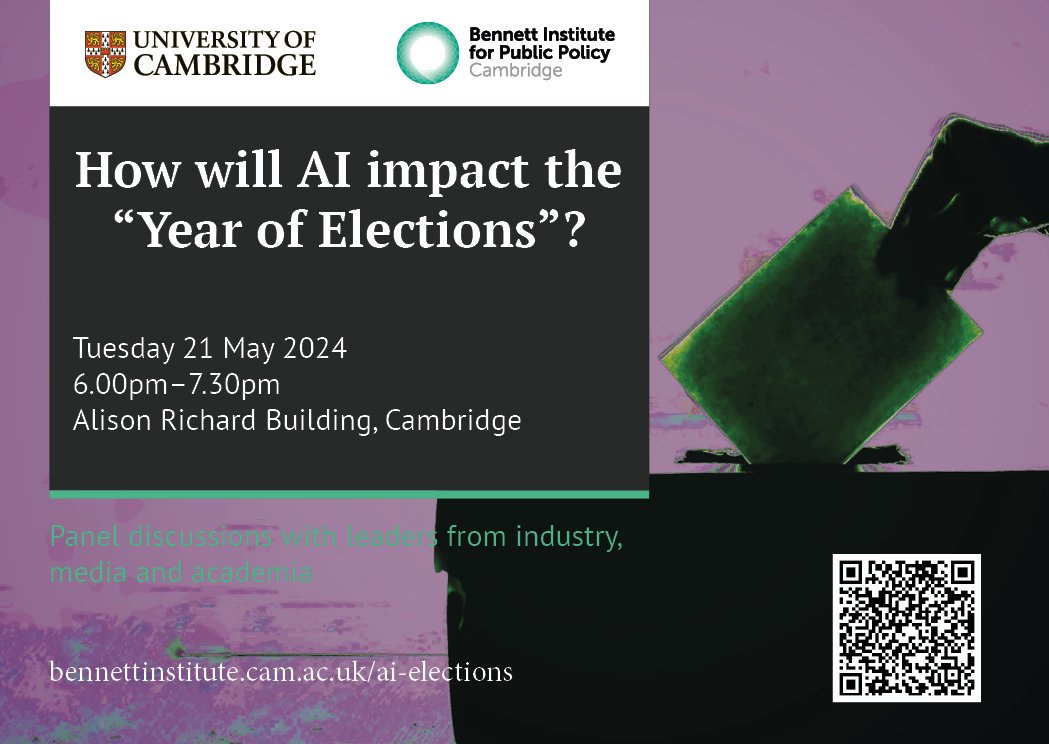 How will AI impact the 'Year of Elections'? Join leaders in industry, the media & academia to discuss the balance between regulation & innovation in AI, plus the media's role in ensuring accurate & fair political discourse amidst deepfakes & disinformation bennettinstitute.cam.ac.uk/events/how-wil…