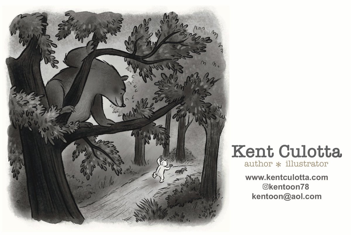 #KidLitArtPostcard  day again! They come so quickly. I'm Kent Culotta, an author/illustrator currently seeking representation.  #scbwi #kidlitpostcard #May #2024 #picturebookart #kidlitart #bears #bw #Kidlitartpostcard