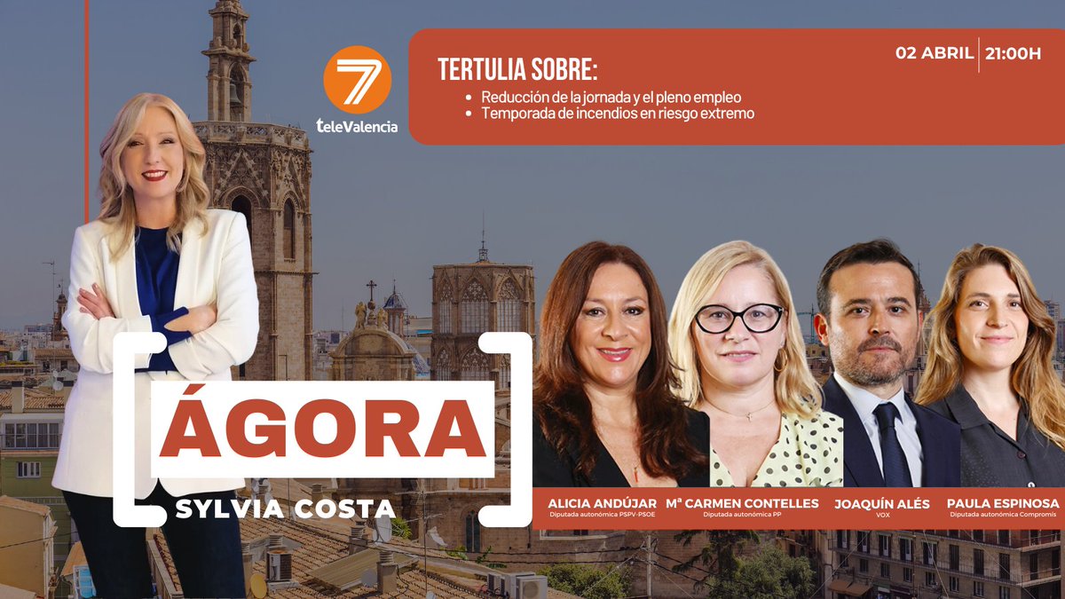 📺 Esta noche en #Ágora nos visitan los Diputados Autonómicos @carmencontelles, @ales_joaquin , @Alicia_Andujar y @Paula_Espinosa_, con quienes debatiremos sobre: - Reducción de la jornada y el pleno empleo - Temporada de incendios en riesgo extremo ⏰Os esperamos a las 21h…