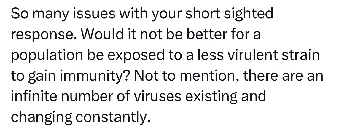 So… this response from a dairy farmer wrt H5N1 is a good example of why pushing “hybrid immunity” and “immunity debt” and “infection-acquired immunity” with Covid was a bad idea