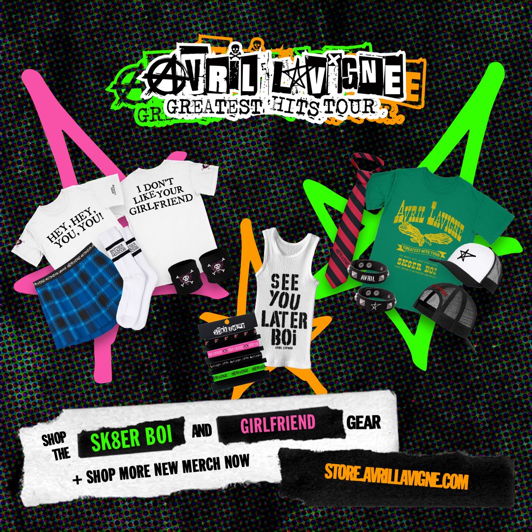 We are 3 weeks out until the Greatest Hits Tour begins!! I created some amazing merch items for the tour including Sk8er Boi and Girlfriend gear!!!! 💚🩷🧡🖤 store.avrillavigne.com