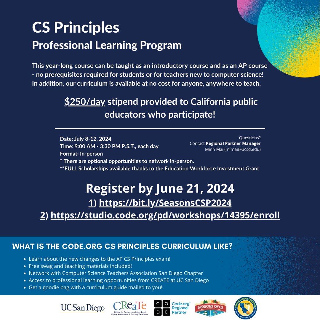 CS Principles uses problem-solving, student led design, and much more! Excellent HS Math opportunity. Train @SanDiegoCOE JUL 8-12. Stipend available. Some travel $ covered. See graphic. 2-step reg starts here: tinyurl.com/SoCS-R7-Reg @Borrego_usd @CoronadoUnified