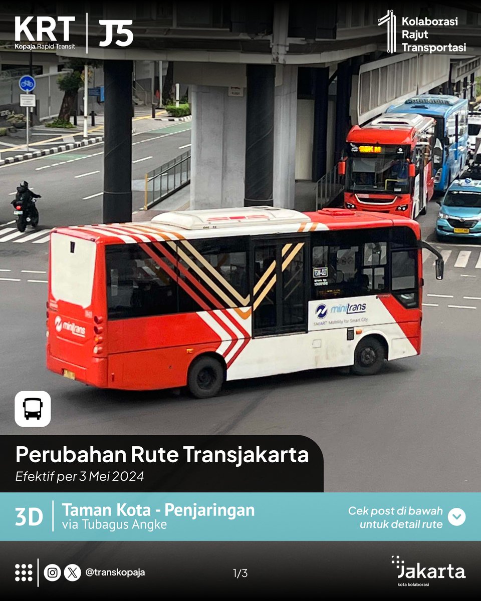 Halo Sobat Kopaja! 

Mulai 3 Mei 2024, terdapat perubahan pada rute 3D 
Bagaimana perubahannya? Simak post ini untuk detailnya! 

#KopajaRapidTransit  
#KRT  
#KolaborasiRajutTransportasi 
#Transjakarta 
#AyoNaikTransjakarta  
#KotaKolaborasi