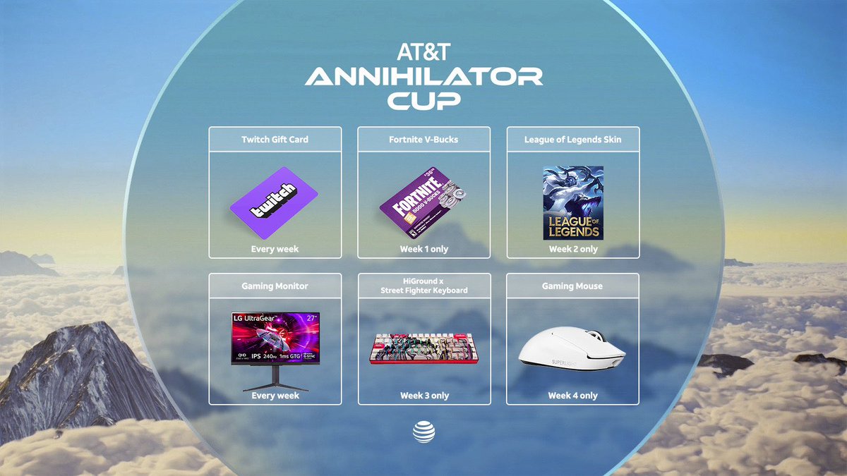 Over the next 4 weeks, @ATT is giving away over 1,000 prizes on Twitch… 

Watch the Annihilator Cup today for your chance to win some #ATTAnnihilatorCup #ATTPartner
