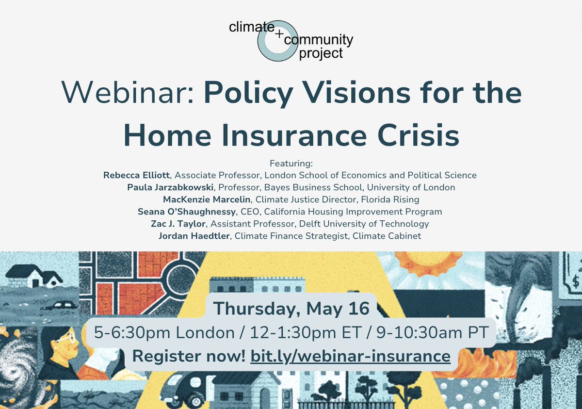 Join these brilliant panelists as they discuss 'Policy Visions for the Home Insurance Crisis,' our new series on making housing safer and more affordable for all, even through climate chaos. 🗓️Thurs, May 16, 5pm London/12pm ET/9am PT ☑️Register: bit.ly/webinar-insura…