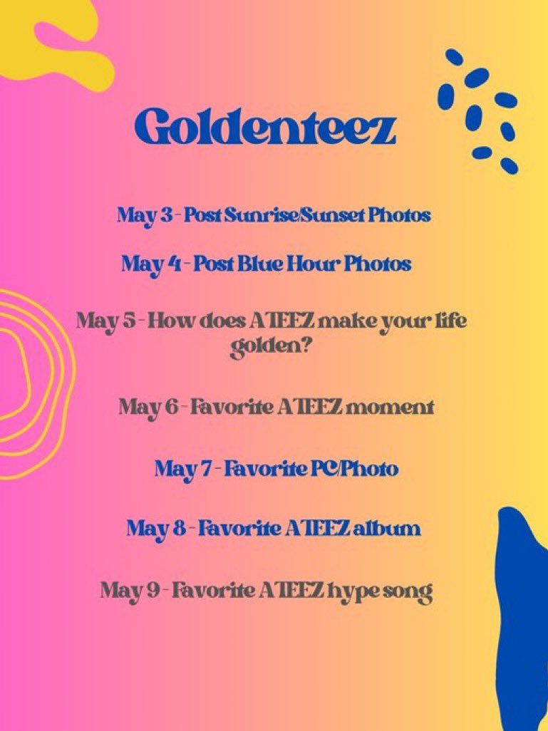 📣 | #GOLDENTEEZ PROJECT LOCKDOWN ATEEZ will be coming back May 31st so let’s prepare and enjoy the month with this new promotional project. Today, post pictures of sunrise/sunset near you! ☀️ #GOLDENHOUR_Part1 #ATEEZ @ATEEZofficial