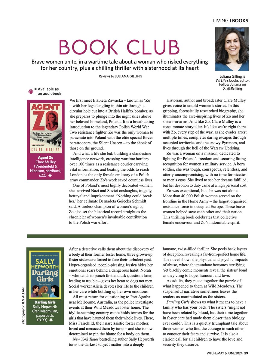 Delighted to review Clare Mulley's Agent Zo and Darling Girls by Sally Hepworth in this month's WI Life magazine for @WomensInstitute.