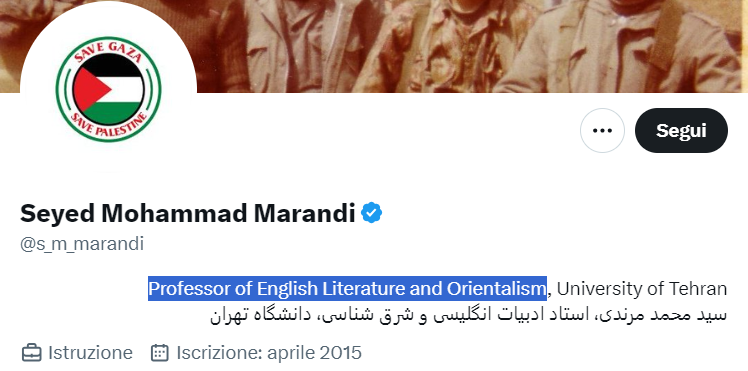 Cosa vi dico sempre?
Occhio alle bio: tutti i profili che fanno propaganda Palestinazi hanno come wild card un pacifico 'professore' o 'studioso' di xxx.
Sotto il letto hanno l'AK47 e la bandana verde.