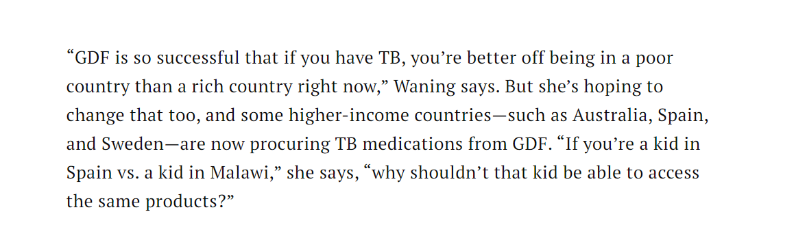 Congrats to @BrendaWaning of the #GlobalDrugFacility for #tuberculosis for making the #TIME100HEALTH list.... & kudos for underscoring how lower-income countries that use the GDF have better access to many #TB drugs than rich countries (like Canada🇨🇦) that don't. 💊🌐