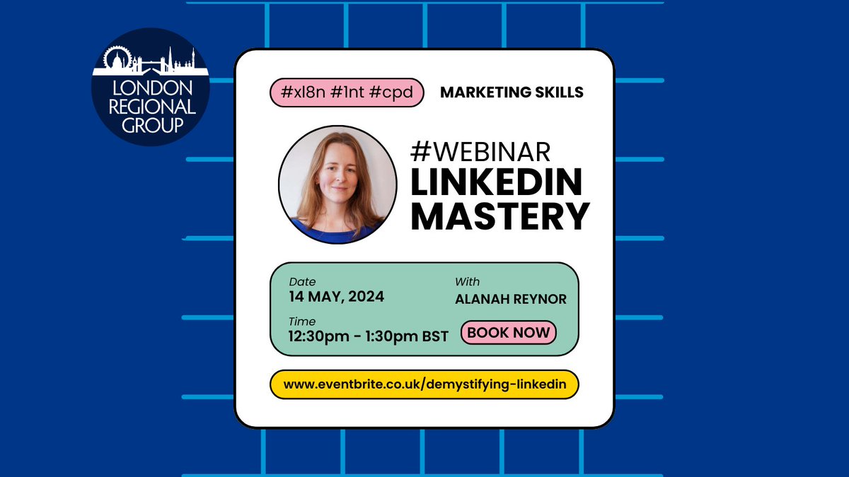 ** LAS FEW SPOTS LEFT **  

Demystifying LinkedIn with Alanah Reynor      

✅How you can use the platform to best suit you and your needs.      

Book your spot: eventbrite.co.uk/e/demystifying… #translation #interpreting #xl8n #1nt #cpd #webinar #marketing #linkedin #freelancing