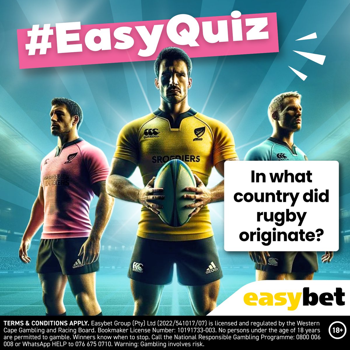 🏉 𝗧𝗶𝗺𝗲 𝘁𝗼 𝘁𝗮𝗰𝗸𝗹𝗲 𝘁𝗵𝗶𝘀 #𝗘𝗮𝘀𝘆𝗤𝘂𝗶𝘇! 🏉

Where did the mighty sport of rugby first kick off? 🌎

Drop your answer below for a chance to score big with Easybet! 🏆

#Easybet #EasyQuiz #Rugby