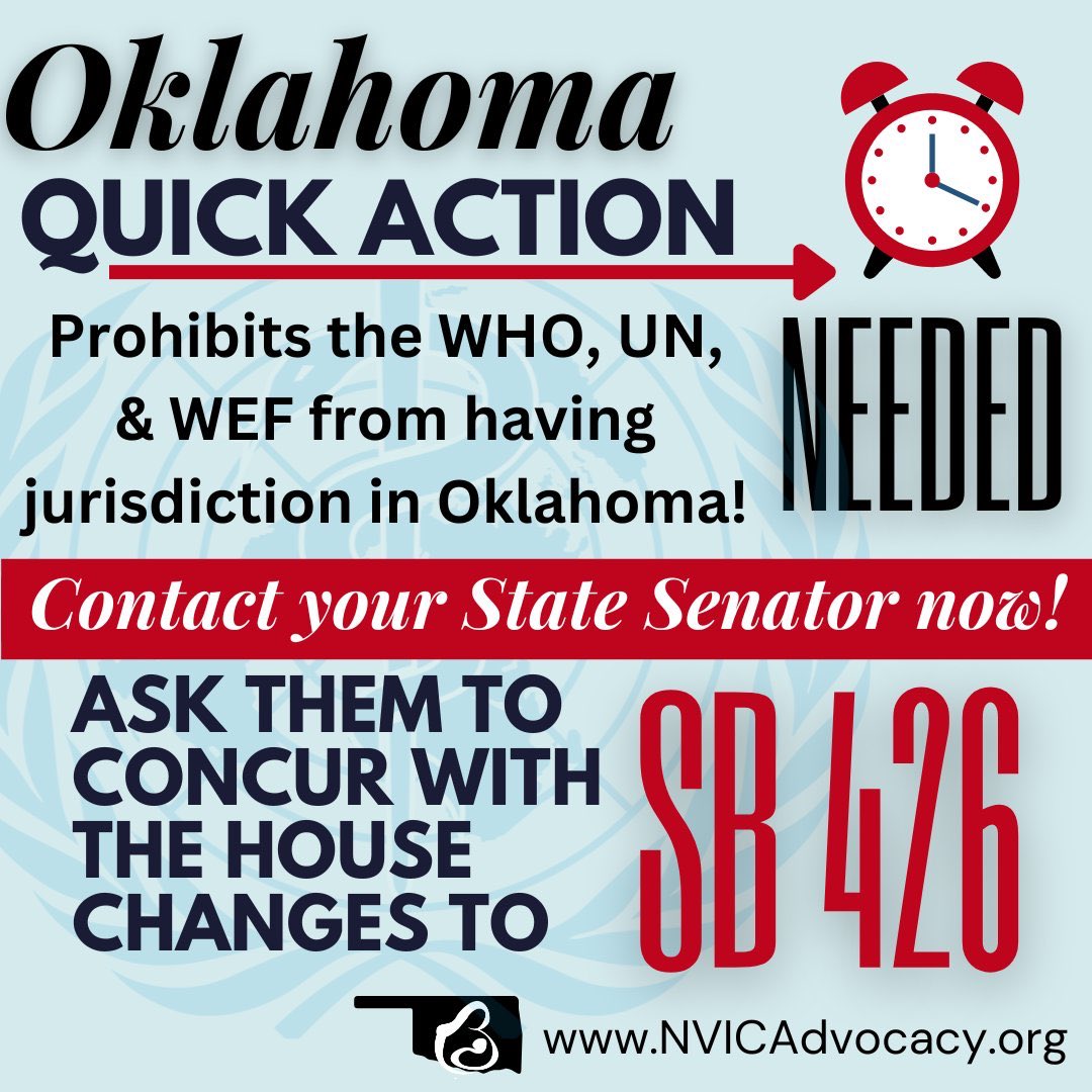 Bill prohibits WHO, UN, & WEF from having jurisdiction in OK incl. vaccines, tests, data nvicadvocacy.org/url.aspx?id=OK…
