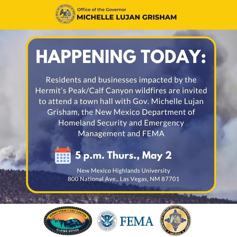 Join us at @NMHighlands for an important town hall TODAY, May 2nd, from 5-7 p.m. We're coming together to address concerns and answer questions regarding the response and recovery efforts for those affected by the Hermit’s Peak/Calf Canyon wildfires. @NMDHSEM