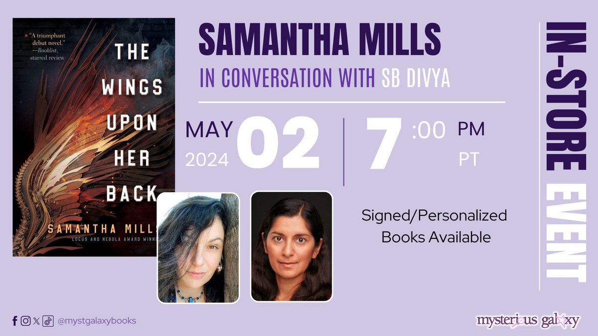 ✨ Tonight, at 7 PM PT, we're hosting an In-Store event with SAMANTHA MILLS (@samtasticbooks)- with SB DIVYA to discuss THE WINGS UPON HER BACK! Signed/Personalized books available! For more information & to register -> buff.ly/3HZoRj5