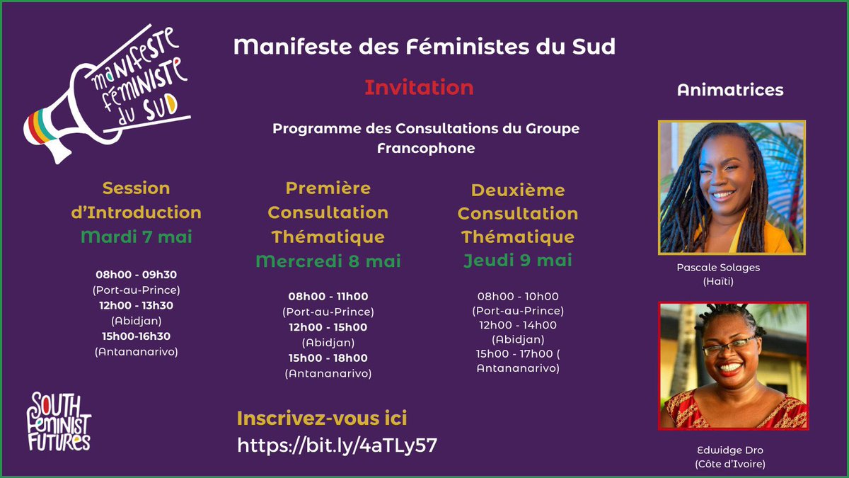 📢Invitation aux féministes francophones du Sud Global! Participez aux consultations pour un Manifeste féministe du Sud!🙌🏾 J’animerai les séances avec @DroEdwige 🇨🇮 Pour vous inscrire, le lien⤵️ 📍 bit.ly/4aTLy57