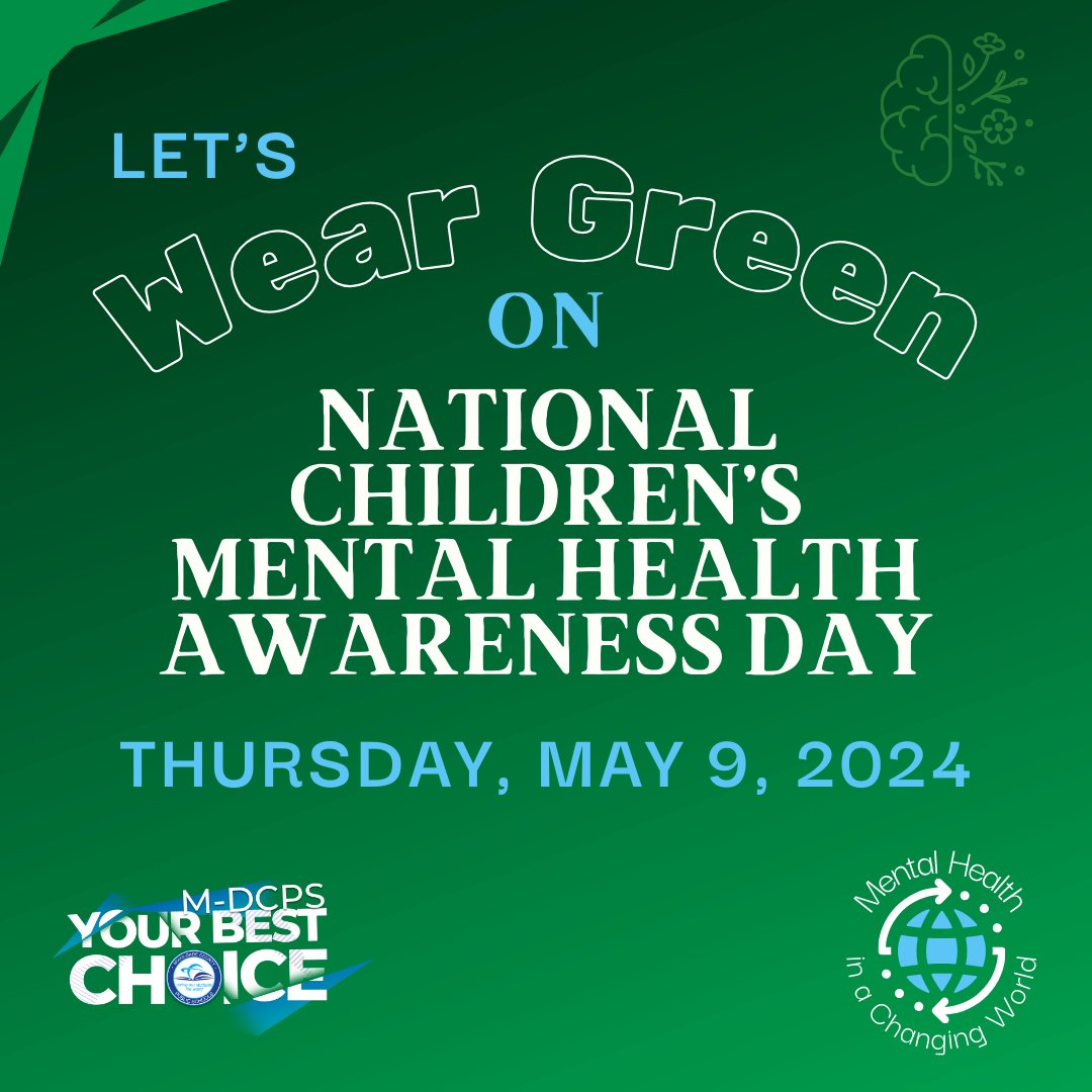 We’re shining a spotlight on the importance of caring for every child's mental health. Let’s raise awareness about mental health being essential to a child's healthy development by wearing green on 5/9/24 throughout @MDCPS! 💚 #MentalHealthMatters #YourBestChoiceMDCPS @MDCPS_MHS