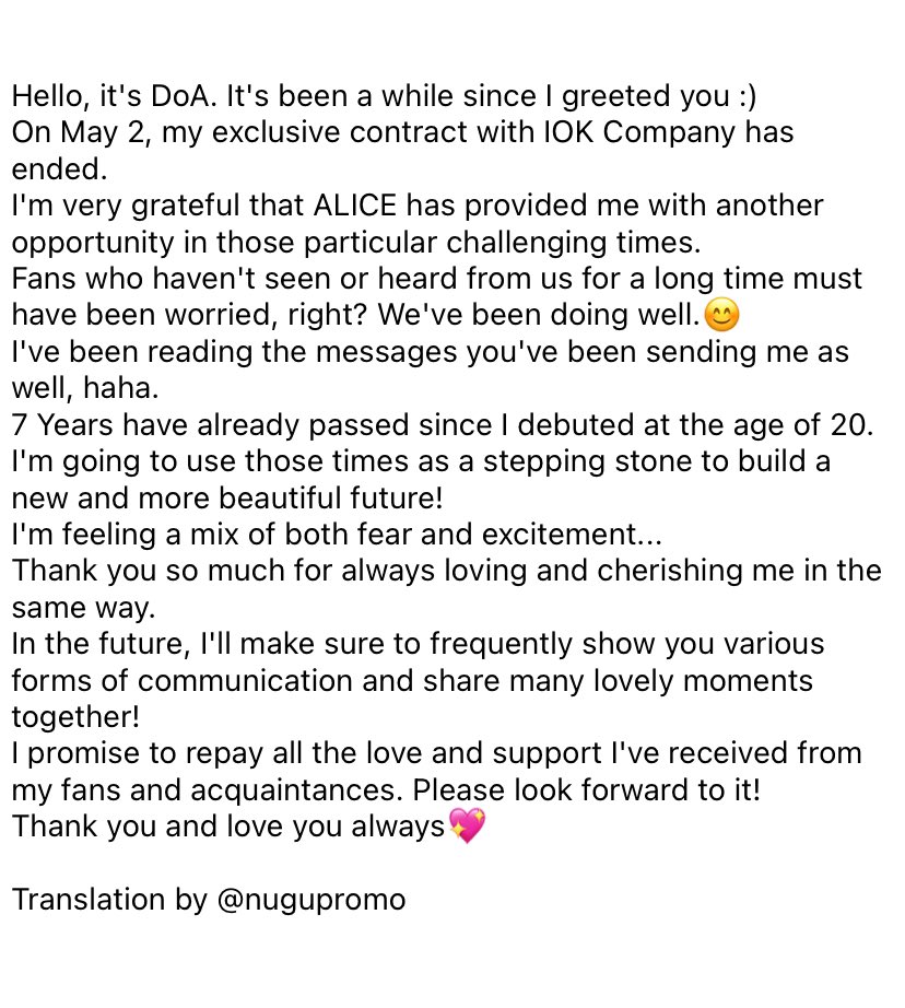 ALICE's DoA announces through an Instagram post that she will be leaving the group following her contract expiration with IOK Company.