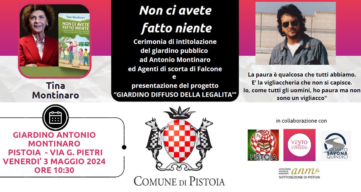 Domani, 3 maggio, alle 10.30 in località Mattia a Candeglia si svolgerà la cerimonia di intitolazione del giardino pubblico “Capaci” in ricordo di Antonio Montinaro, caposcorta e degli altri agenti di scorta di Giovanni Falcone comune.pistoia.it/news/domani-in…