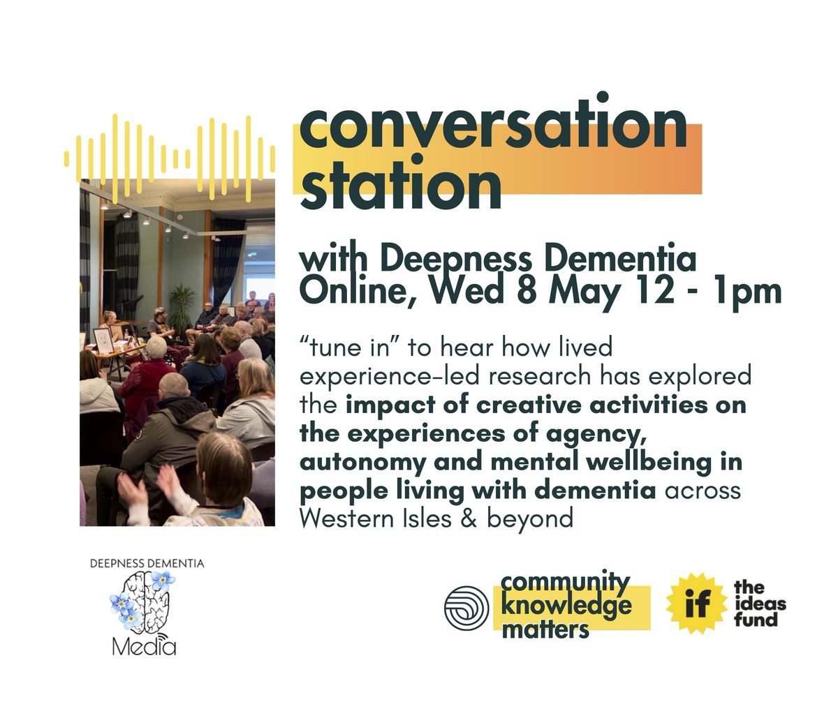 ❔How are people living with dementia leading research on how creativity impacts their own agency & wellbeing? 📻 Join our 1st Conversation Station, tuning in to @Deepnessdement1 sharing their peer research project 🕰️ 8 May 12pm, online 🎟️ All welcome: communityknowledgematters.com/conversation-s…