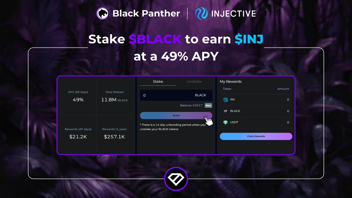 Stake your $BLACK tokens to earn $INJ at a 49% APY🔥

As @BlackPanther_Fi roll out more DeFi products on @Injective , revenue sharing for BLACK token holders will only keep increasing🚀

Black Panther guarantees even more beneficial for the true believers in the long term