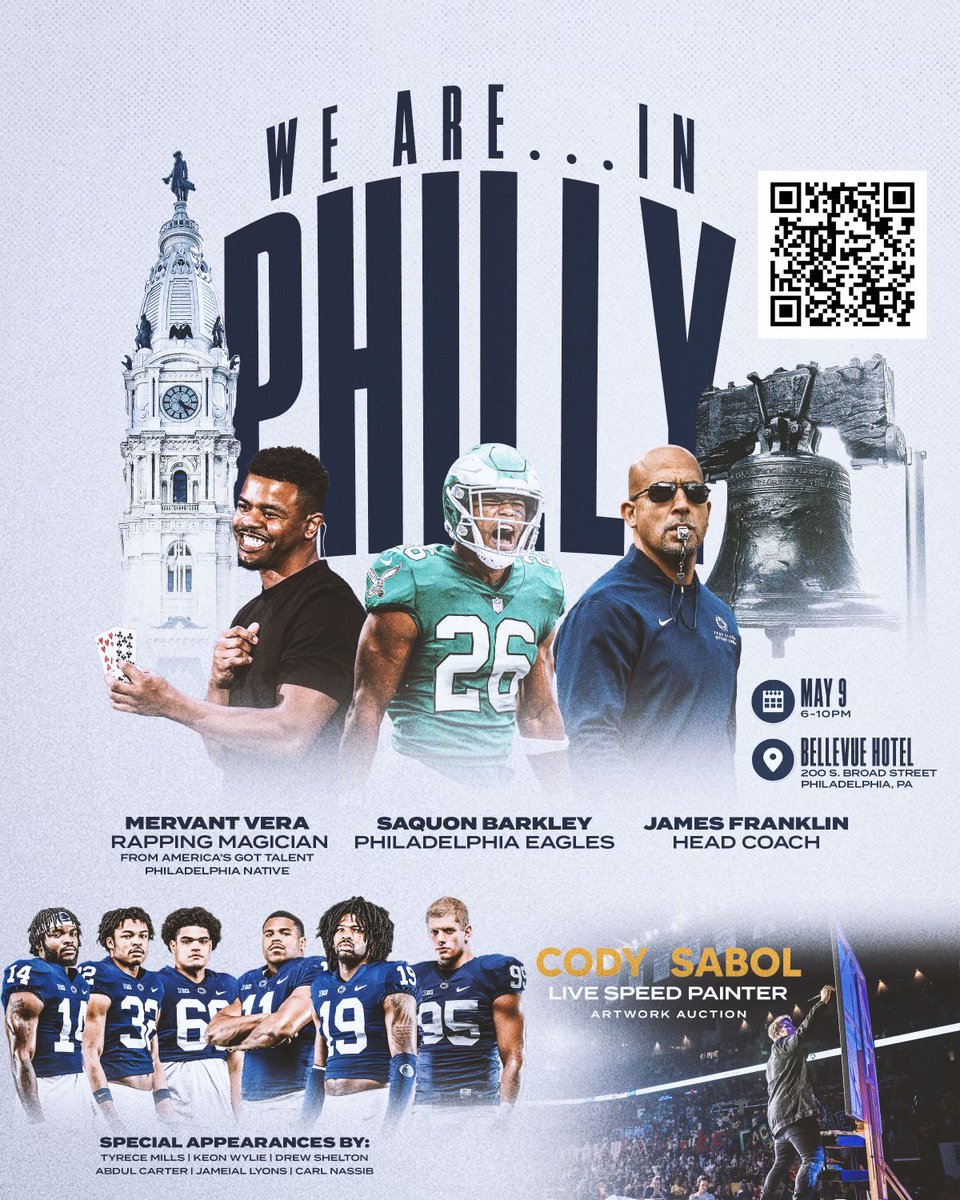 Soaring into Philly 🦅 Saquon and James Franklin along with PSU football coaches, lettermen and student-athletes want to meet YOU in Philadelphia for an evening in support of NIL🏈 Register Now: happyvalleyunited.com/pages/we-are-i…