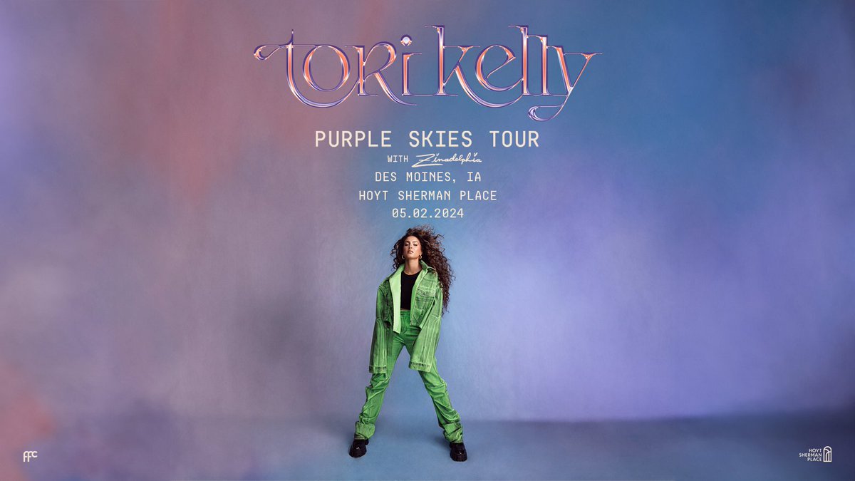 Nothin' but Purple Skies tonight with @torikelly and special guest @zinadelphia at @hoytsherman! 🌩 7:00 PM | 8:00 PM | All Ages | Des Moines, Iowa 🎫 ticketmaster.com/event/06006049…