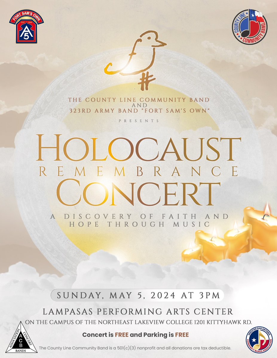 County Line Community Band presents Holocaust Remembrance Concert saexaminer.org/2024/05/02/cou… @_TeamBlogger @BloggerTuesday #countylinecommunityband #holocaustremembranceconcert #holocaustremembranceday #concertnews #liveoaktx #northeastlakeviewcollege #communityevents #music