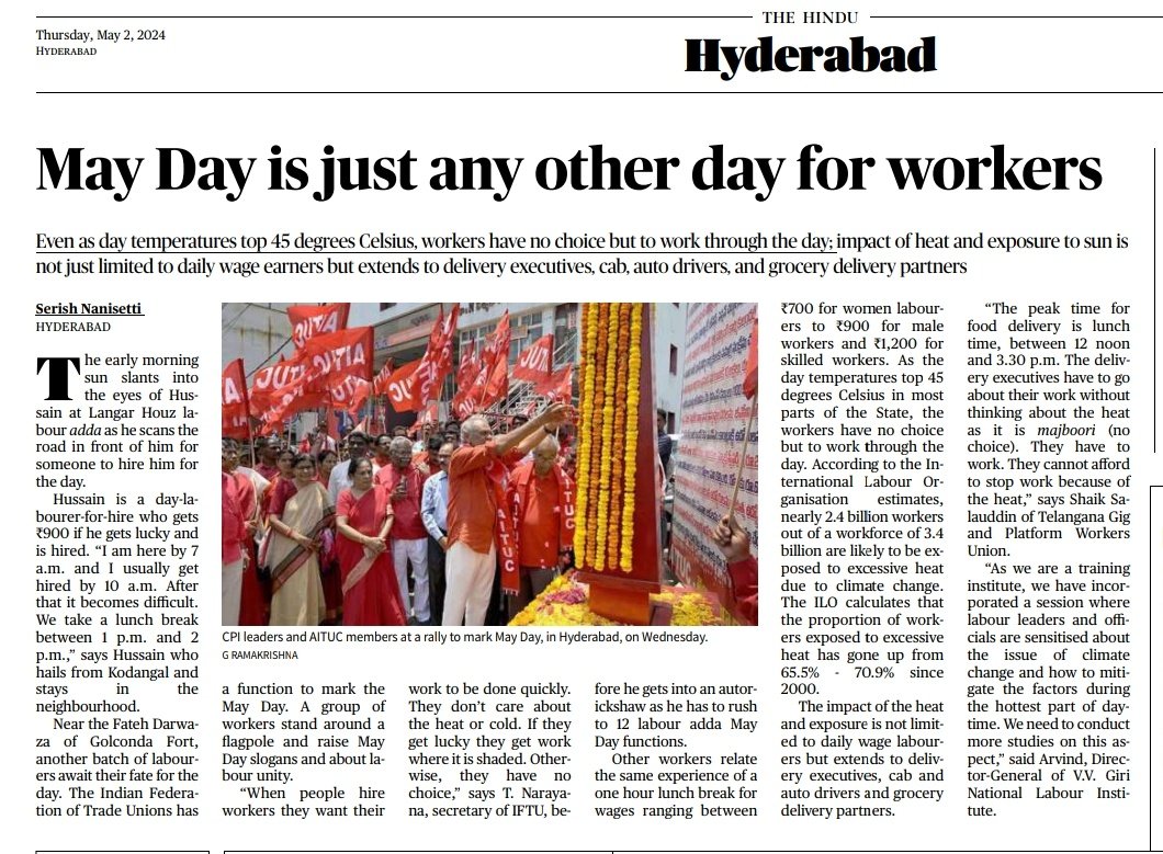 May Day is just any other day for workers in Hyderabad. The impact of the heat and exposure is not a limited to daily wage labourers but extends to delivery executives, cab and auto drivers and grocery delivery partners. thehindu.com/news/national/…