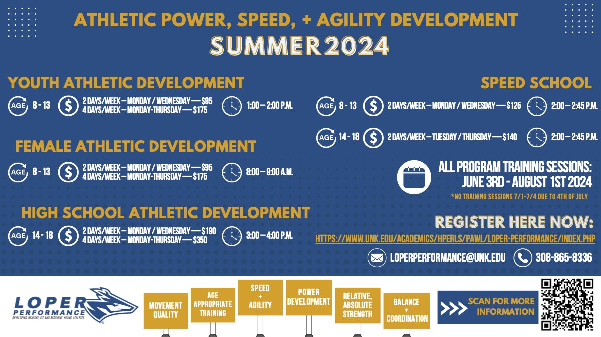 Speed⚡️
Power🏋🏼
Athleticism🥇

Summer Performance Programs are now open for registration!!

For more information or to sign up scan the QR code or visit our website:
unk.edu/academics/hper…