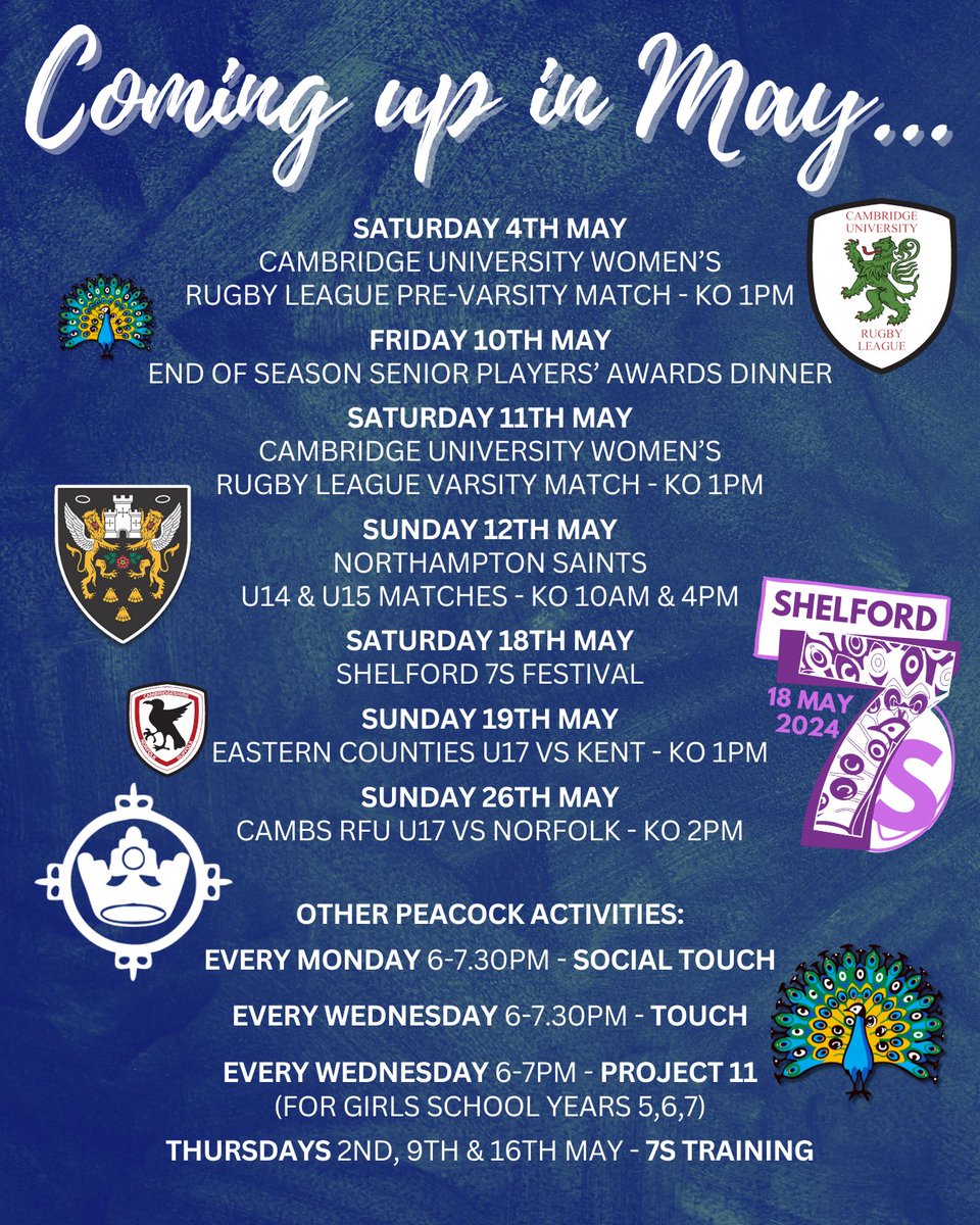 Coming up in May... loads to enjoy and get involved in, so you can keep getting your rugby fix at Peacock HQ this month!!

#rugby #rugbyleague #varsity #countyrugby #peacocks