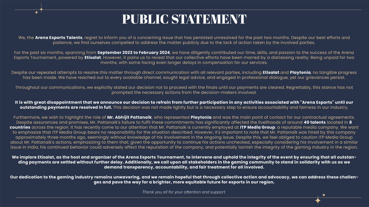 As one of the Arena Esports Talents, I join in announcing our united stand, raising a collective voice for fairness, accountability, and justice in esports.
#gaming #esports #arena_esports #talents #etisalat #itp #playtonia #statement