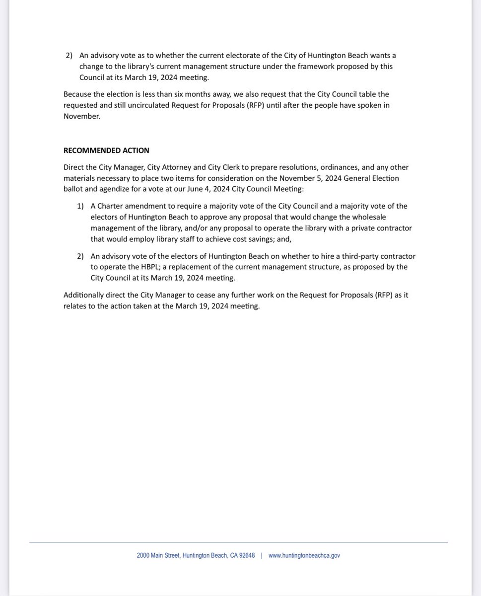 Kalmick, Moser and Bolton are bringing forth an item to bring the privatization of the library to a vote of the people. 
#HuntingtonBeach #library