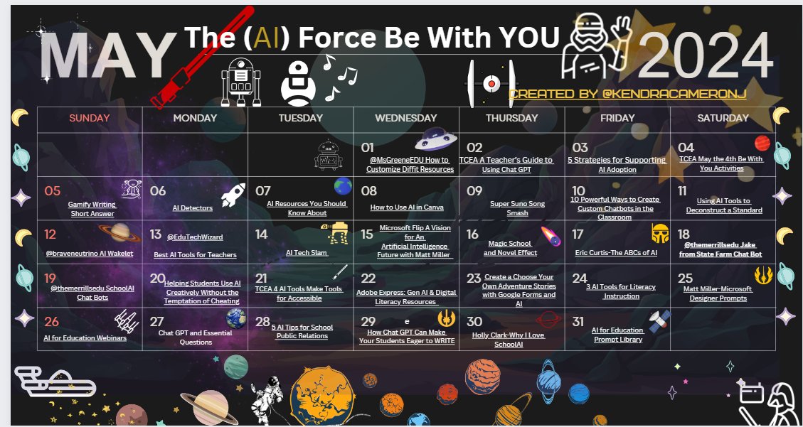 Elevate your teaching with 31 days of AI & tech tips! 🚀 Join the rebellion and become an education Jedi with our May calendar. #MayTheForceBeWithYou 🌌 canva.com/design/DAFy1gt…