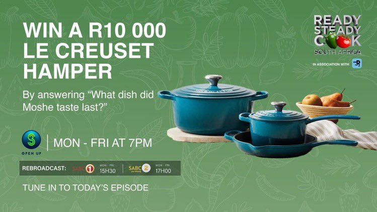 By tuning into #ReadysteadycookSA
 Monday- Friday you stand a chance to win Le Creuset Hamper that’s worth R10 000🔥🔥 how can you miss it, let’s tune in at 19:00 on SABC 3 #CookingwithMoshe