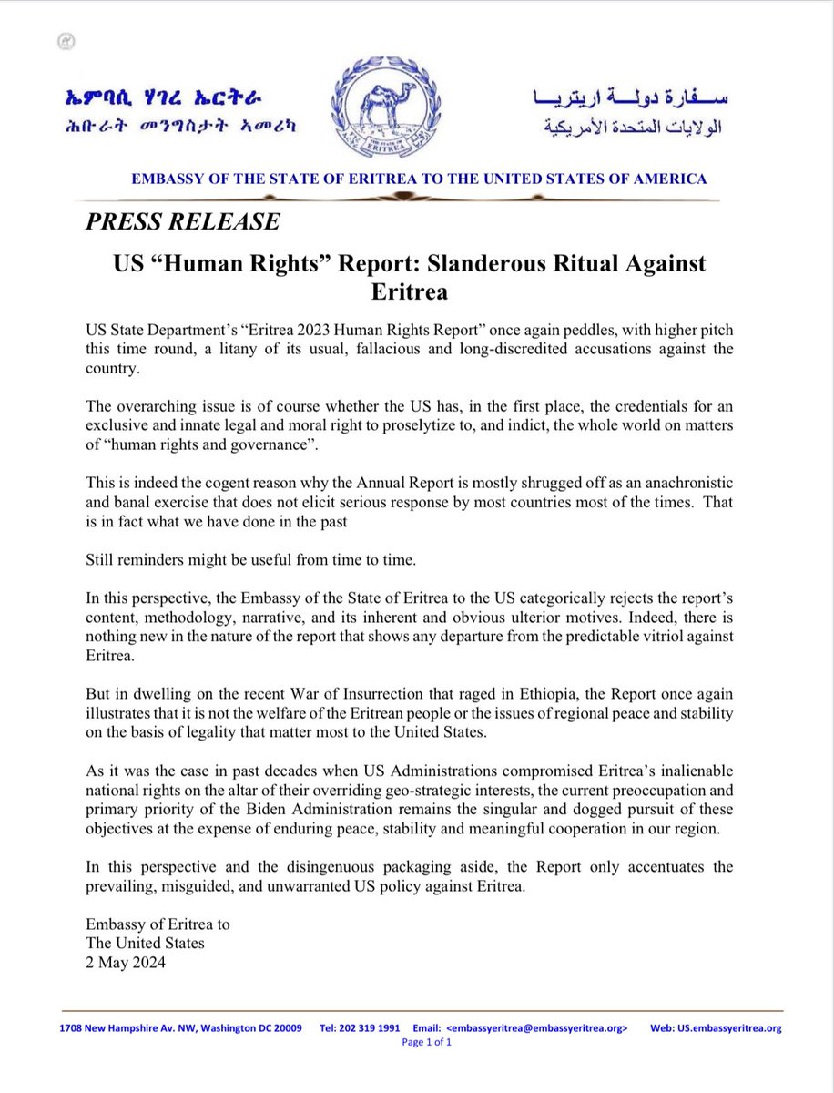 PRESS RELEASE   US “Human Rights” Report: Slanderous Ritual Against #Eritrea   US State Department’s “Eritrea 2023 Human Rights Report” once again peddles, with higher pitch this time round, a litany of its usual, fallacious and long-discredited accusations against the country.…